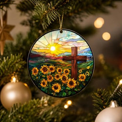 Christian Gifts for Women, Cross Suncatcher Sunflower for Christmas Tree - color: Natural Cross