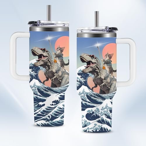 Christian Gifts for Women 40oz Tumbler - Insulated Travel Mug with Handle (Cat-Dinosaur, 40 Ounces) - color: Cat-Dinosaur
