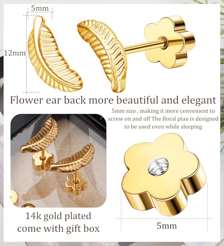 Enticera 14K Gold Stud Earrings for Women 20g Leaf Cross Bar Handmade Flat Back Earrings Hypoallergenic Nap Screw Back Cartilage Earrings Tragus Helix Piercing Jewelry - color: Gold Tone, style: Leaaf