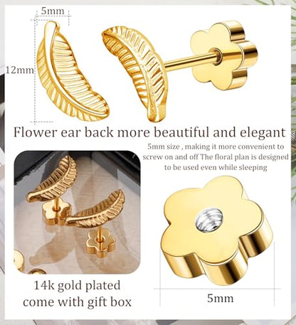 Enticera 14K Gold Stud Earrings for Women 20g Leaf Cross Bar Handmade Flat Back Earrings Hypoallergenic Nap Screw Back Cartilage Earrings Tragus Helix Piercing Jewelry - color: Gold Tone, style: Leaaf