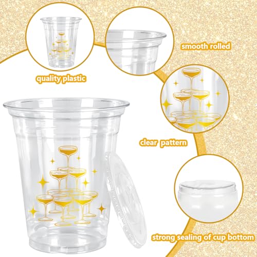 JarThenaAMCS 50Pcs Wedding Plastic Cups with Lids Gold Foil Straws Cheers Coffee Drinking Cup 12oz Gold Goblet Bachelorette Party Disposable Cups for Bridal Shower Bride Shower Anniversary