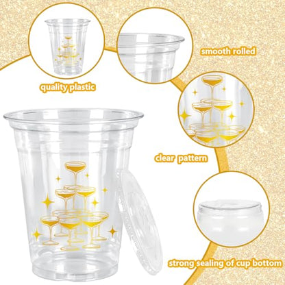 JarThenaAMCS 50Pcs Wedding Plastic Cups with Lids Gold Foil Straws Cheers Coffee Drinking Cup 12oz Gold Goblet Bachelorette Party Disposable Cups for Bridal Shower Bride Shower Anniversary