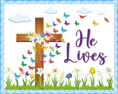 Easter Spring Bulletin Board Decoration Set He Lives Floral Cross Bulletin Board Borders Easter Butterfly Paper Cutouts Easter Christian Jesus Bulletin Boarder for Easter Spring School Classroom Decor
