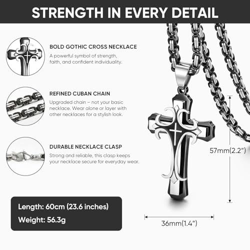MEALGUET Stainless Steel Crucifix Cross Pendant Necklace,Men's Cross Necklace with Chunky Byzantine Chain/Rolo Chain, Gift for Men - style: Black-byzantine chain