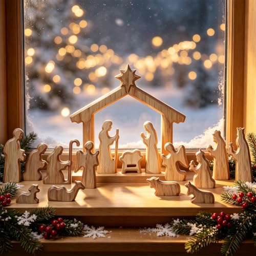 Glintoper Christmas Nativity Sets, 16pcs Wooden Nativity Scene Figurines - size: 16 PCS