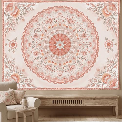 Motanber Pink Mandala Tapestry Wall Hanging Boho Floral Tapestry Aesthetic Watercolor Flower Medallion Cute Large Tapestries for Bedroom Living Room Dorm Decor 80 x 60 Inch - color: Peach Pink, size: 80"L x 60"W