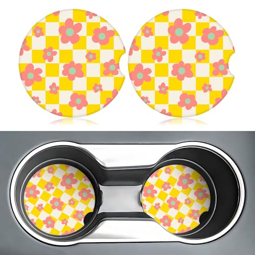 Checkered Yellow Red Flower Car Coasters for Cup Holders,2 Pack Car Cup Holder Coasters for Car,Ceramic Absorbent Car Coaster with A Finger Notch and Cork Base,Car Interior Accessories for Women Men - color: Checkered Yellow Red Flower