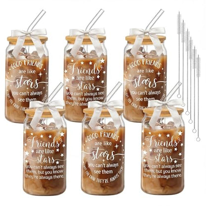 Glass Cups with Lids and Straws, 6Pack, 16oz, Quote Stars - style: Friendship