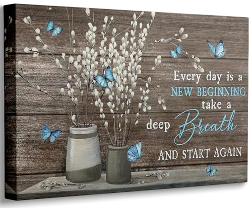 Farmhouse Bathroom Canvas Wall Art Vintage Rustic Country Flower Blue Butterfly Painting Picture Wall Decor Every day is a new beginning Poster Print Artwork for Living Room Bathroom Home Decoration - color: Butterfly, size: 24"L x 16"W