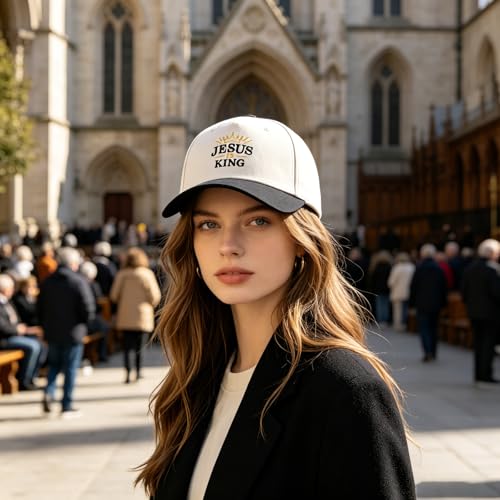 Embroidered Christian Two-Tone Baseball Cap for Men & Women, Adjustable Dad Hat Christmas Easter Gift - color: Crown Shape Jesus is King, Black/Beige