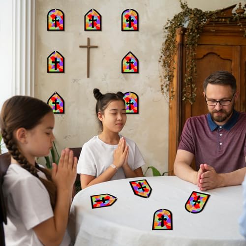 40PCS Sunday School VBS Crafts Bulk: Paper Cross Nativity Suncatchers, Jesus Religious Christian Classroom Camping Activity DIY Kits Gifts Church Decorations, Window Stained Glass Effect Art Supplies - style: cross