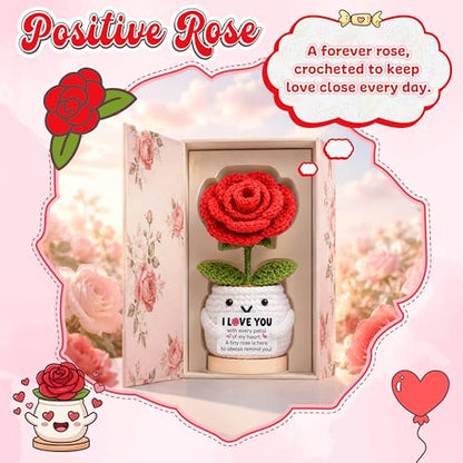 Positive Crochet Rose Flower Gift for Her, Romantic Anniversary Valentines Day I Love You Birthday Gift for Girlfriend Wife Husband, Encouragment Positive Gifts for Couples Husband Mom Grandma - color: Rose