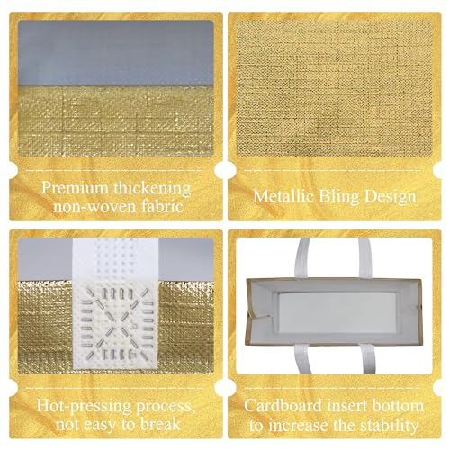 cabzymx 25 Pcs Gold Reusable Gift Bags with Metallic Design, Non-woven Gift Bag Bulk with Handles, Glossy Party Bags for Wrapping Gifts, Birthday, Wedding, Parties, Graduation-12.6x4.7x11 In - color: Gold, size: 1 Count (Pack of 25)