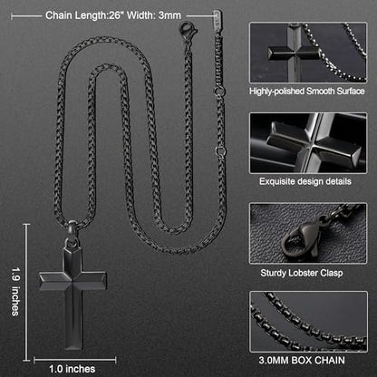 Stainless Steel Cross Necklace for Men with Adjustable Box Chain Christian Cross neckalce Gift - color: Black