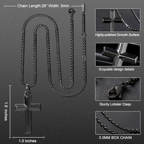 Stainless Steel Cross Necklace for Men with Adjustable Box Chain Christian Cross neckalce Gift - color: Black