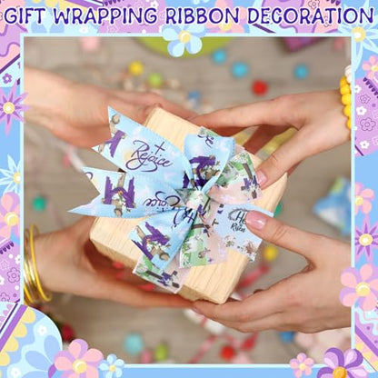 12 Rolls Spring Easter Ribbon He is Risen Cross Egg Wired Burlap Ribbon 2 Inch x 60 Lavender Purple Easter Decor Ribbons for Spring Wreath Tree Bow DIY Crafts Gift Wrapping Party Supplies 12 Styles - style: He is Risen