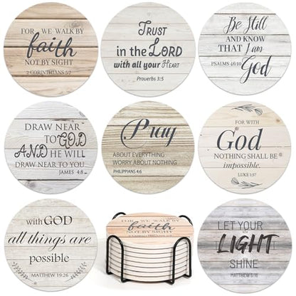 Billbotk Ceramic Coasters with Bible Verses, Christian Coasters Set of 8 with Holder, Absorbent Drink Coasters for Christian Gifts and Home Decor, 4 Inches