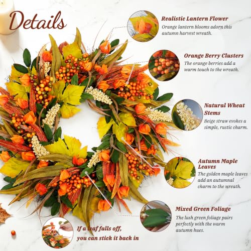 Grooy 24 Inch Artificial Fall Wreath for Front Door