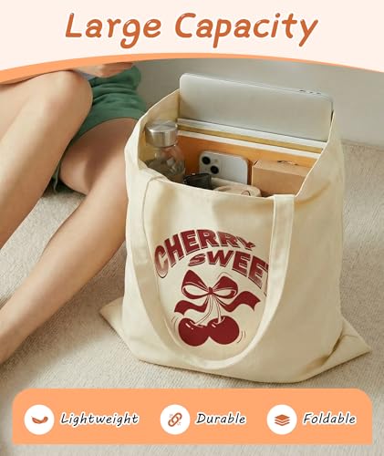 Women's Canvas Tote Bags with Inner Pockets & Metal Snap, Reusable Tote Bag for Girl's Vacation Travel Gym Shopping - color: Cherry 1
