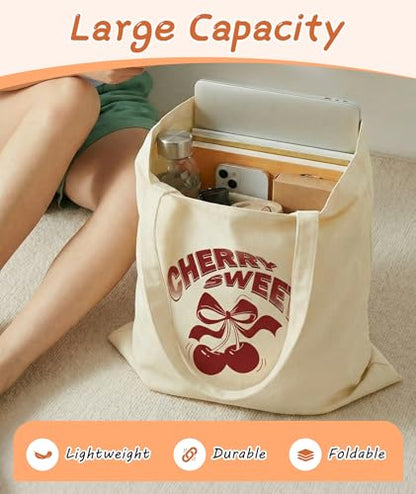 Women's Canvas Tote Bags with Inner Pockets & Metal Snap, Reusable Tote Bag for Girl's Vacation Travel Gym Shopping - color: Cherry 1