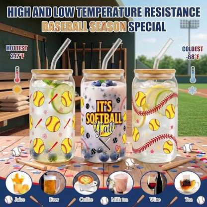 Glass Cups with Lids and Straws, 4Pack, 16oz, Softball Sports - color: Softball