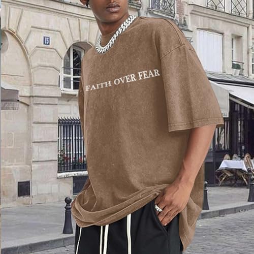 Christian Faith Over Fear Shirt for Men Jesus Religious Shirts Oversized Graphic Tees Acid Wash God T-Shirt - color: Coffee, size: Medium