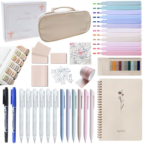 J6&H6 170Pcs Complete Bible Study Supplies Journaling Kit with Tabs, Highlighters and Color Pens, Notebook,Stickers & More Bible Accessories Set for Women, Beginner Christian Gifts(Lvory White) - color: Ivory White