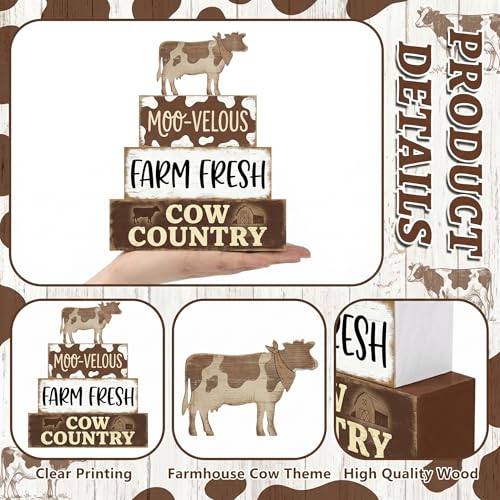 Britimes Tiered Tray Decor Set, 4 Pack, Wooden Table Sign, Cow Farmhouse - style: Brown Cow