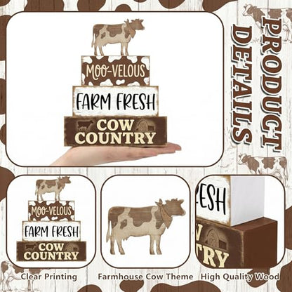 Britimes Tiered Tray Decor Set, 4 Pack, Wooden Table Sign, Cow Farmhouse - style: Brown Cow