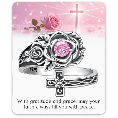 925 Sterling Silver Adjustable Spoon Ring Thumb Ring for Women Vintage Rose Cross Birthstone Victorian Jewelry Gift for Birthday Christmas Anniversary - color: 10-October- Tourmaline