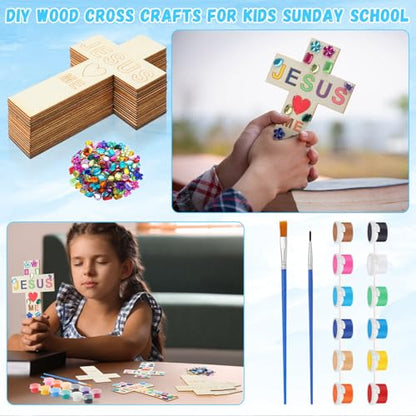 Blueweenly 20 Pcs DIY Wood Cross Crafts for Kids Sunday School Vacation Bible School Supplies Jesus Love Me Religious Christian Craft with Stickers Paint Unfinished Cross Gift for Church