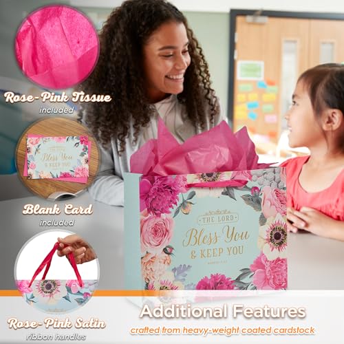 Christian Art Gifts Large Gift Bag with Card & Tissue Paper, Lord Bless You - color: Bless You/Pink, style: Large Landscape