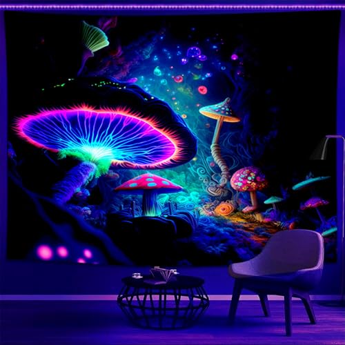 TUGCAY Blacklight Mushroom Tapestry Glow In The Dark Fantasy Forest Tapestry UV Reactive Magic Tapestries Wall Hanging Decor for Bedroom Dorm Living Room (35" x 47")