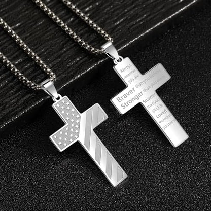American Flag Cross Necklace for Men, Christian Confirmation Baptism Gifts - color: Silver, style: Brave Strong