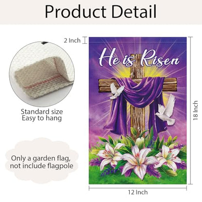 He is Risen Easter Garden Flag 12x18 Inch Double Sided Burlap, Christian Religious Easter Cross Lily Flower White Dove Yard Sign Spring Holiday Outdoor Decoration