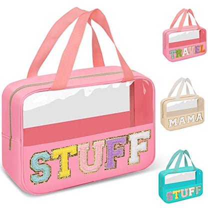 Preppy Clear Stuff Makeup Bags with Chenille Letter Patches, Travel Essentials Large Clear Make up Bag Zipper Pouch with Handle, Waterproof Nylon Cosmetic Toiletry Storage Tote for Women (STUFF-Pink) - color: STUFF-Pink
