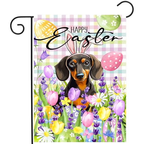 Happy Easter Dog Garden Flag Dachshund Spring Flags Buffalo Plaid Bunny Eggs Yard Flag for Outside 12x18 Double Sided Small Decorative Floral Outdoor Flag - color: easter-dachshund