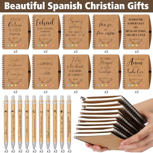 Resurhang 20 Set Spanish Christian Gifts Bulk for Father Religious Notebooks with Bible Verse Pen, Inspirational Spiral Prayer Journal Notepad Church Gifts for Women Men Sunday School (Brown)