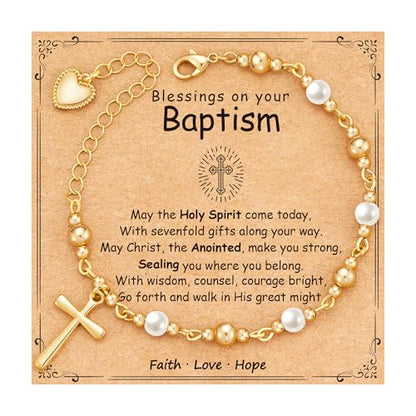 First Communion Confirmation Baptism Godmother Gifts for Teen Girls Women, Catholic Christian Cross Pearl Bracelet - color: Gold, size: Baptism