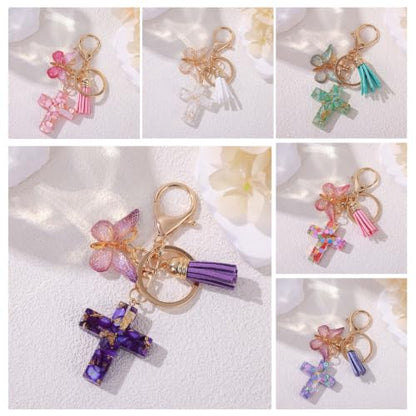 Cross Keychains Christian Keyring Tassels Butterfly Resin Jesus Key Chain Bag Charm Phone Car Key Accessories - size: 18 Packs