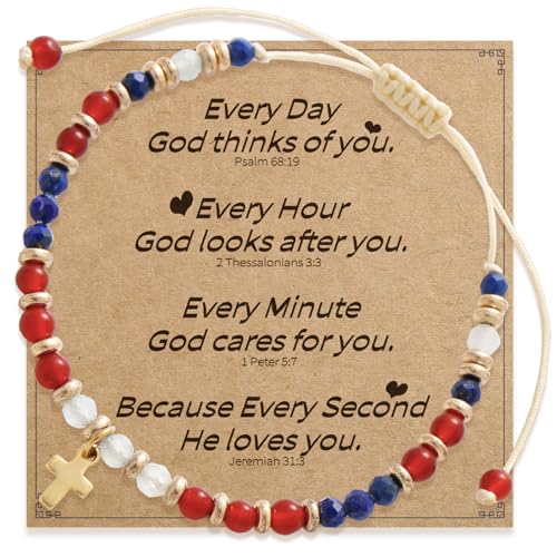 Christian Gifts for Women, Cross Bracelet, Natural Stone Beaded Jewelry - color: Red