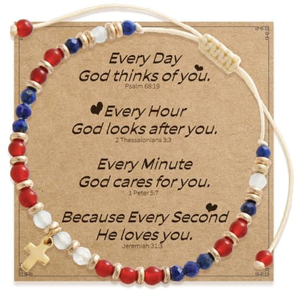 Christian Gifts for Women, Cross Bracelet, Natural Stone Beaded Jewelry - color: Red
