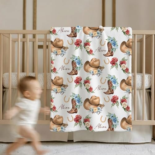 Personalized Cowgirl Throw Baby Gift Western Nursery, Cowboy Hat Boots Flower Pattern, Custom Name Toddler Kids Throw, Rustic Nursery Decor, Baby Gift Idea - color: Cowgirl Throw Baby Gift Western Nursery