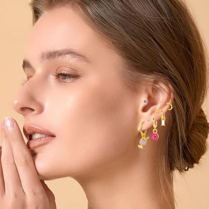 Gold Earrings Set for Women 14K Gold Plated Cubic Zirconia Love Heart Bowknot Clover Fruit Flower Insect Ocean Cross Huggie Hoop Earrings Stud Earrings Set for Multiple Piercing Party Jewelry Gifts - style: Fun Cocktail