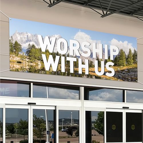 2 Pcs Worship with Us Church Wall Banners 6 × 2ft