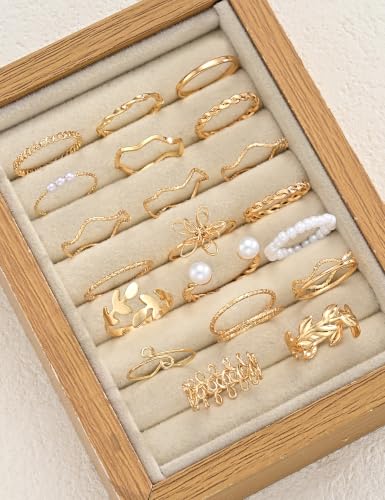 Gold Stackable Rings Set for Women, Gold Plated Chunky Crystal Finger Rings - color: Flower Gold