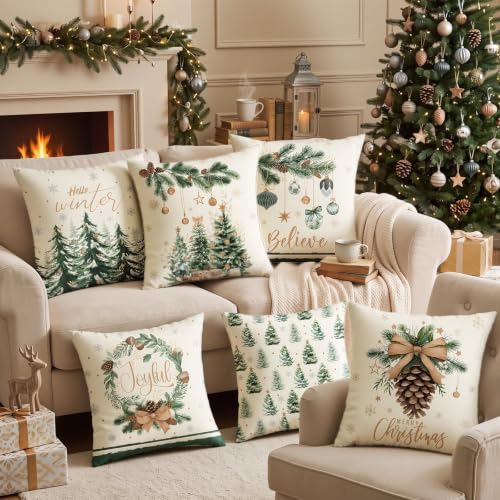 FuWeave 6 Set Christmas Throw Pillow Covers 18x18 Inch Neutral Winter - style: Christmas Tree