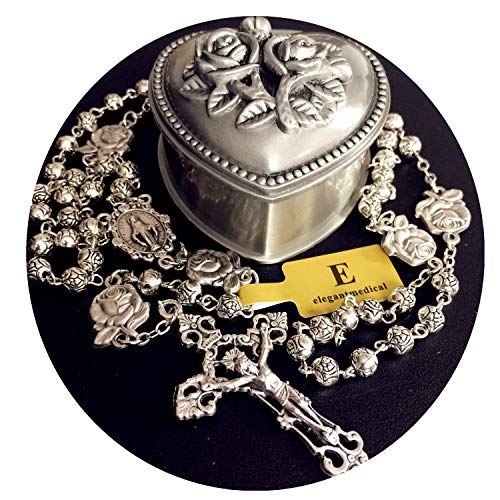 elegantmedical HANDMADE Silver rose beads Catholic 5 DECADE Rosary case Cross Gift Box Italy crucifix cross