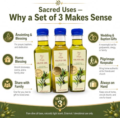 Zuluf Blessed Olive Oil Set of 3 Pure Anointing Oil from the Holy Land Jerusalem Bethlehem Christian Prayer for Baptism Christening Godparent Faith Gift Unscented 25.4 Fl Oz 3 Pack Bottles