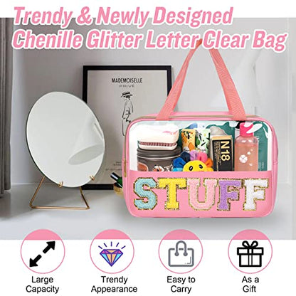 Preppy Clear Stuff Makeup Bags with Chenille Letter Patches, Travel Essentials Large Clear Make up Bag Zipper Pouch with Handle, Waterproof Nylon Cosmetic Toiletry Storage Tote for Women (STUFF-Pink) - color: STUFF-Pink